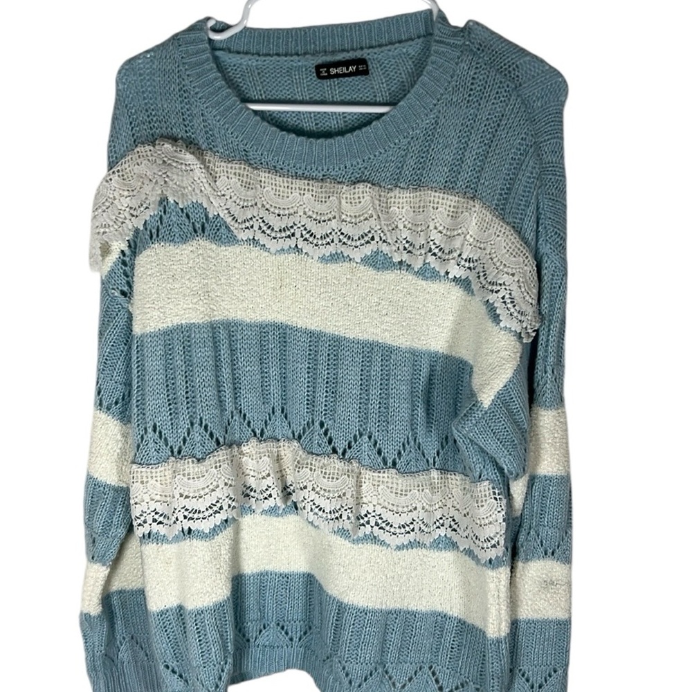 SHEILAY Blue & White Ruffle Sweater Women’s Size XXL